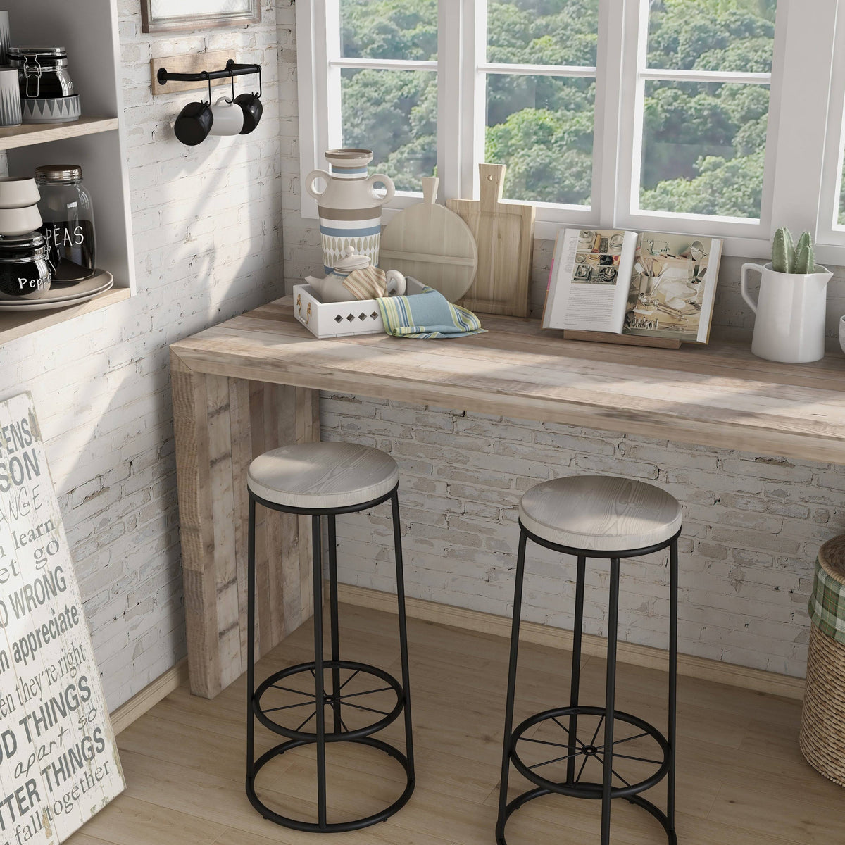 Rustic Metal Barstools Set of 2 Coastal White A3496