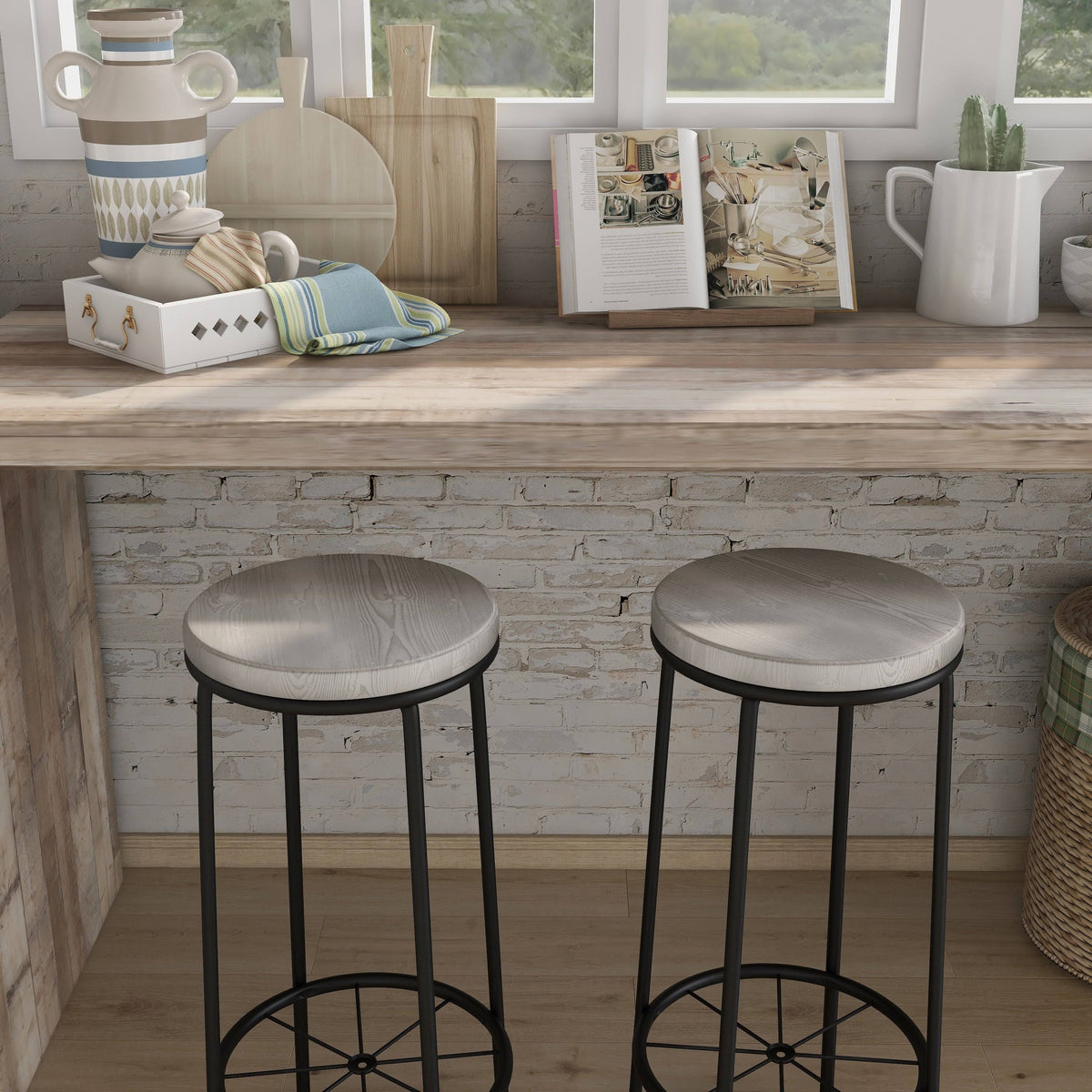 Rustic Metal Barstools Set of 2 Coastal White A3496