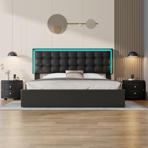 Queen Size Upholstered Bed with LED Headboard and 2 Nightstand V117