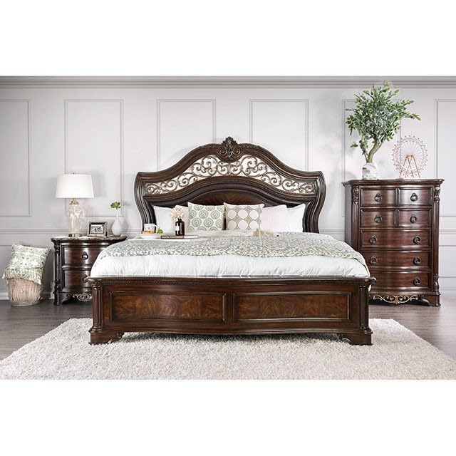 California King Size Brown Cherry Bed Frame with Camel Back Headboard K645