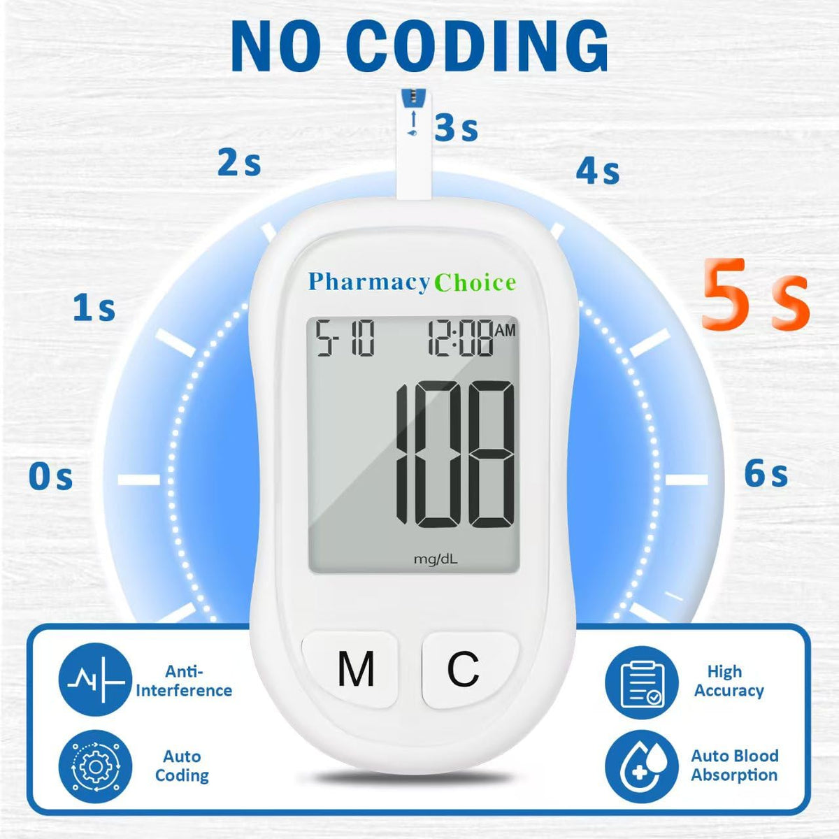 Blood Glucose Monitor Kit, 100 Strips, Meter, Lancing Device A396223