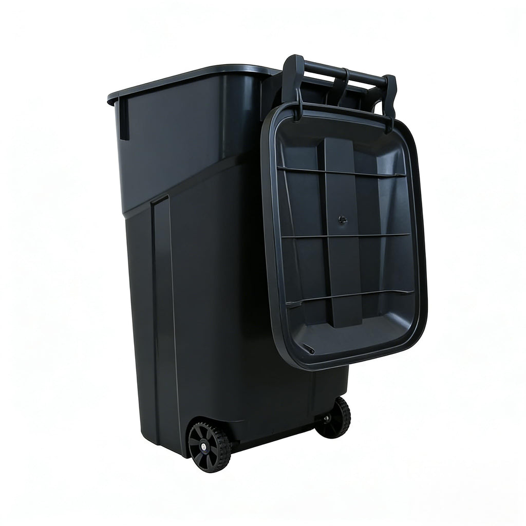 Black 32 Gallon Wheeled Heavy Duty Plastic Trash Can with Attached Lid O4910