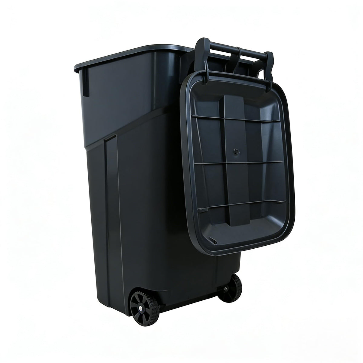 Black 32 Gallon Wheeled Heavy Duty Plastic Trash Can with Attached Lid O4910