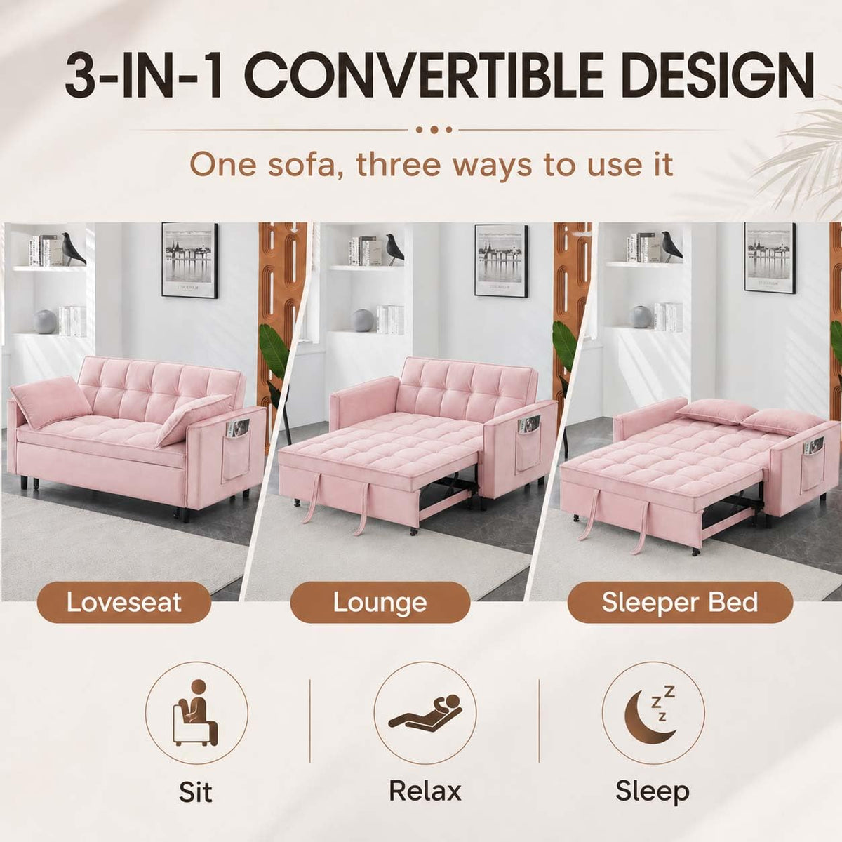 Pink Velvet Convertible Sofa Bed S160785