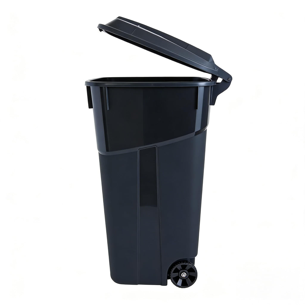 Black 32 Gallon Wheeled Heavy Duty Plastic Trash Can with Attached Lid O4910