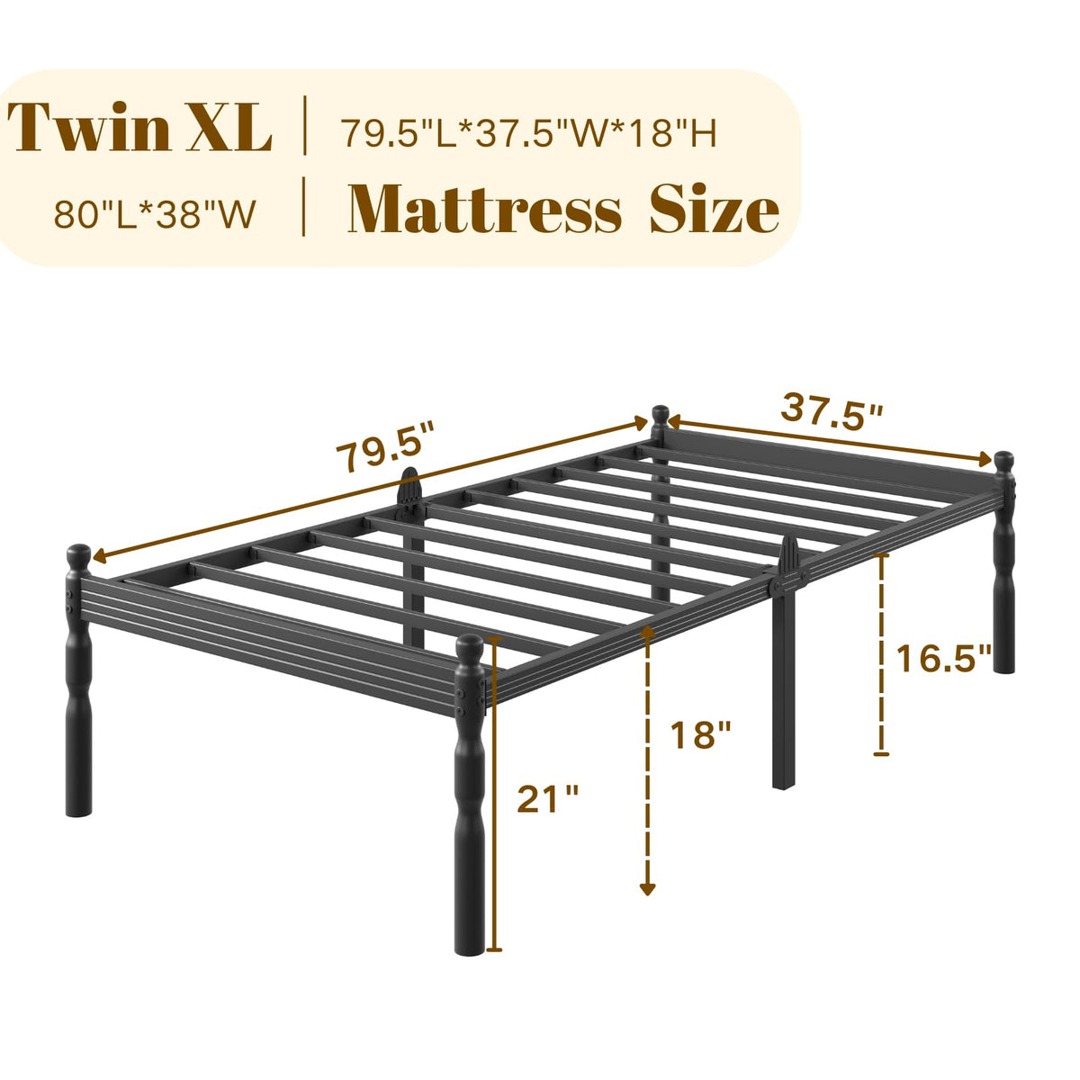 Twin XL Size 18" Black Metal Bed Frame with Storage B858
