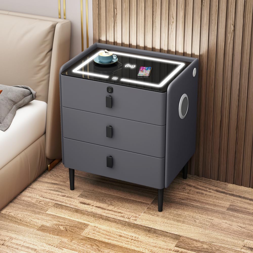 Gray 3 Tier Nightstand with Wireless Charging and Fingerprint Lock M7292