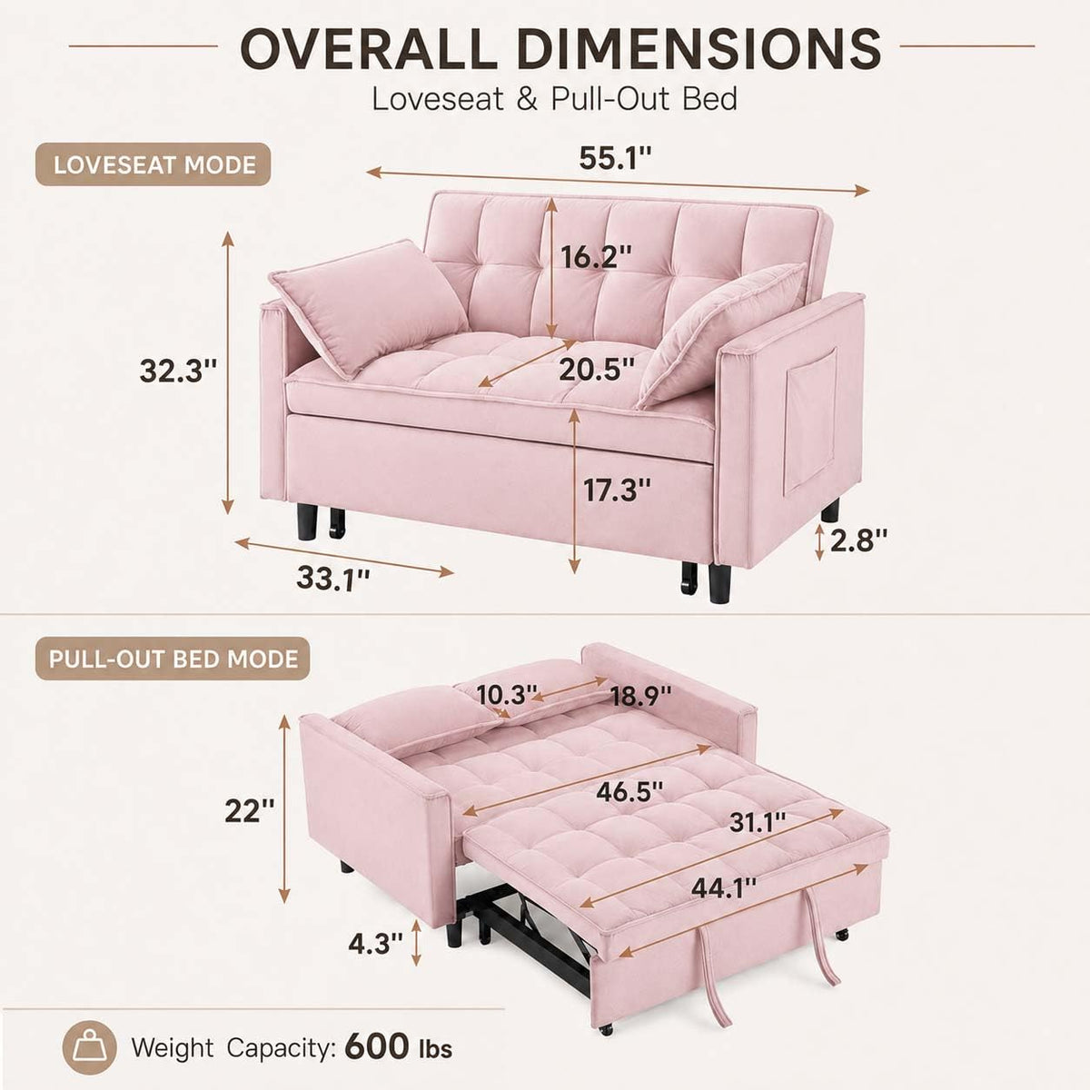 Pink Velvet Convertible Sofa Bed S160785