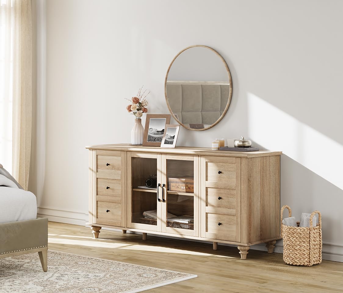 Wood TV Stand for 65 Inch TV with Glass Door O379