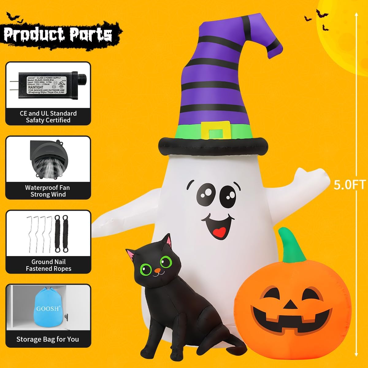 5FT Inflatable Halloween Ghost with Pumpkin Yard Decoration W28560