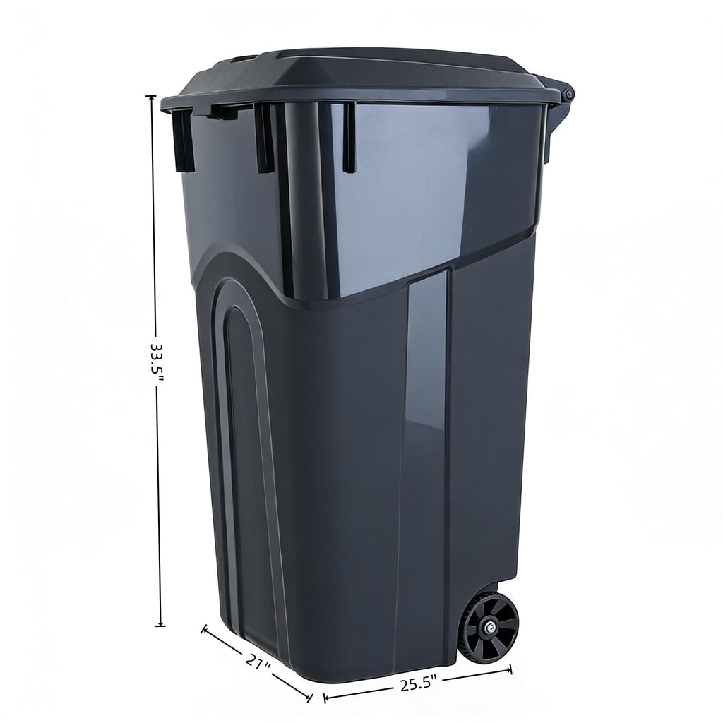 Black 32 Gallon Wheeled Heavy Duty Plastic Trash Can with Attached Lid O4910