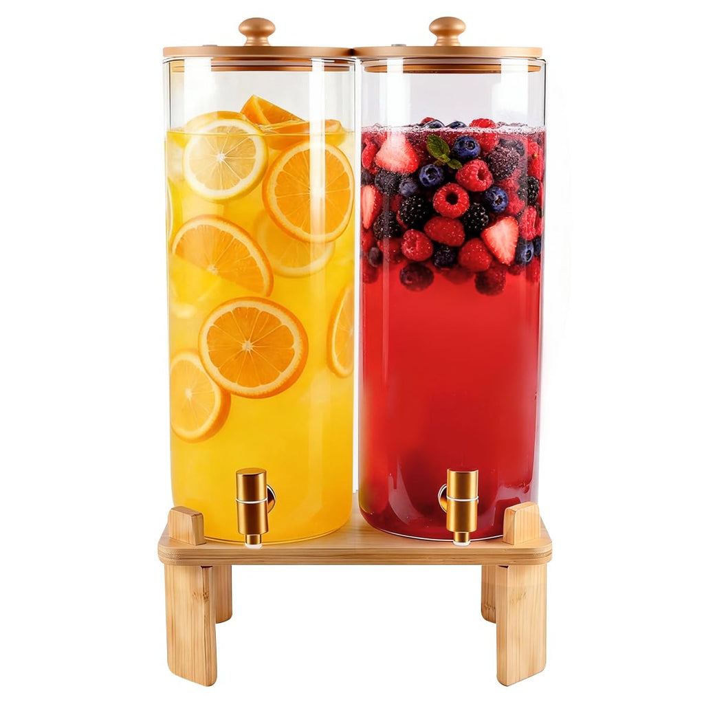 2 Gallon 2 Pack Glass Drink Dispenser with Wood Stand A228