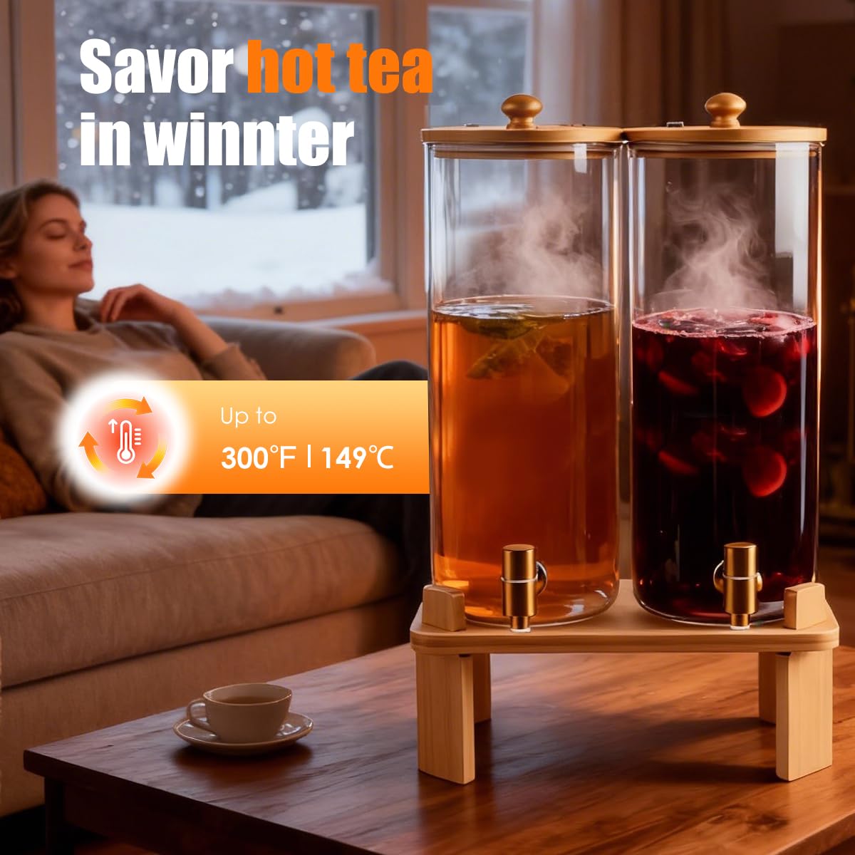 2 Gallon 2 Pack Glass Drink Dispenser with Wood Stand A228