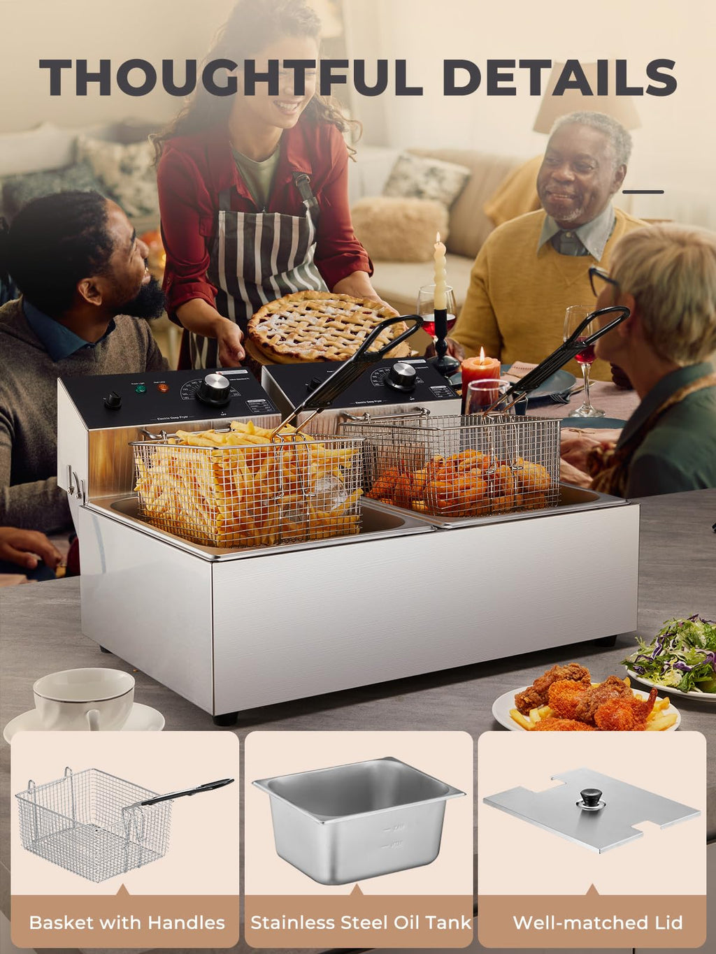 3400W 20.7QT Stainless Steel Electric Deep Fryer with 2 Removable Baskets T380