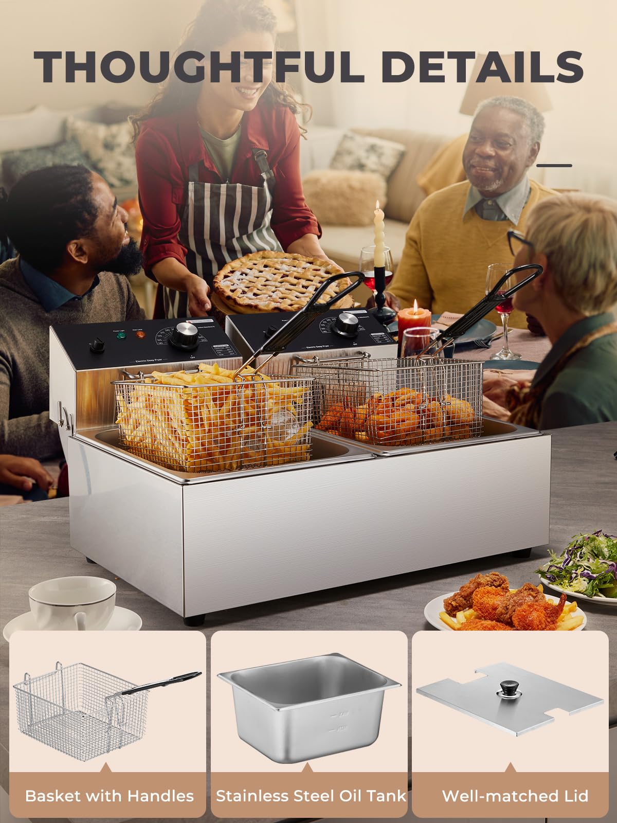 3400W 20.7QT Stainless Steel Electric Deep Fryer with 2 Removable Baskets T380