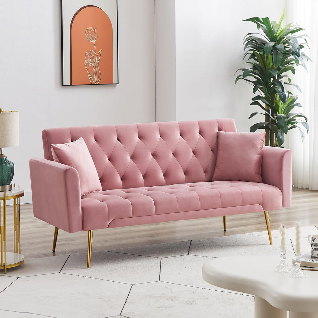 Modern Velvet Sofa Bed Futon with 2 Pillows T25317