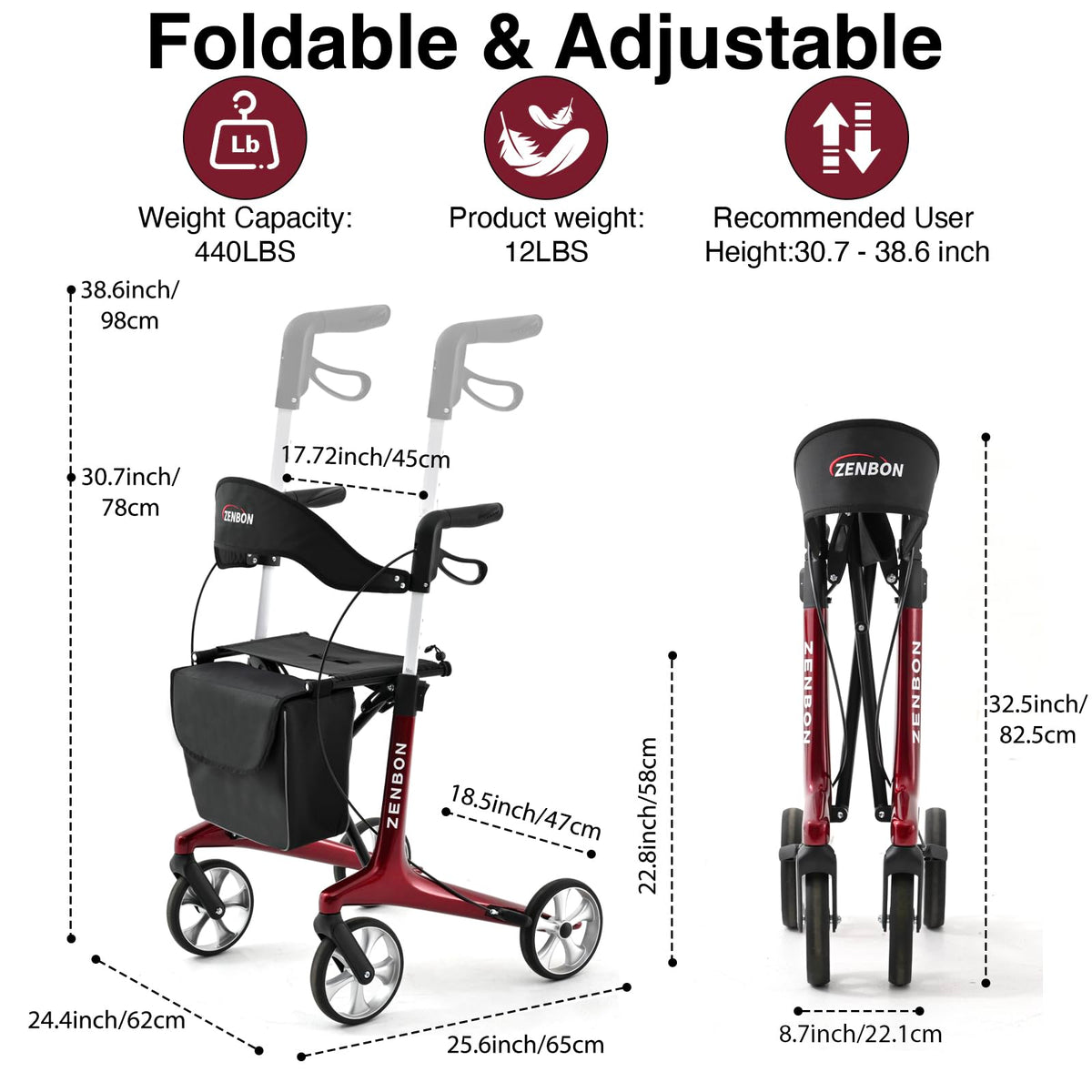 Foldable Rolling Walker with Seat 440 lbs Capacity P458