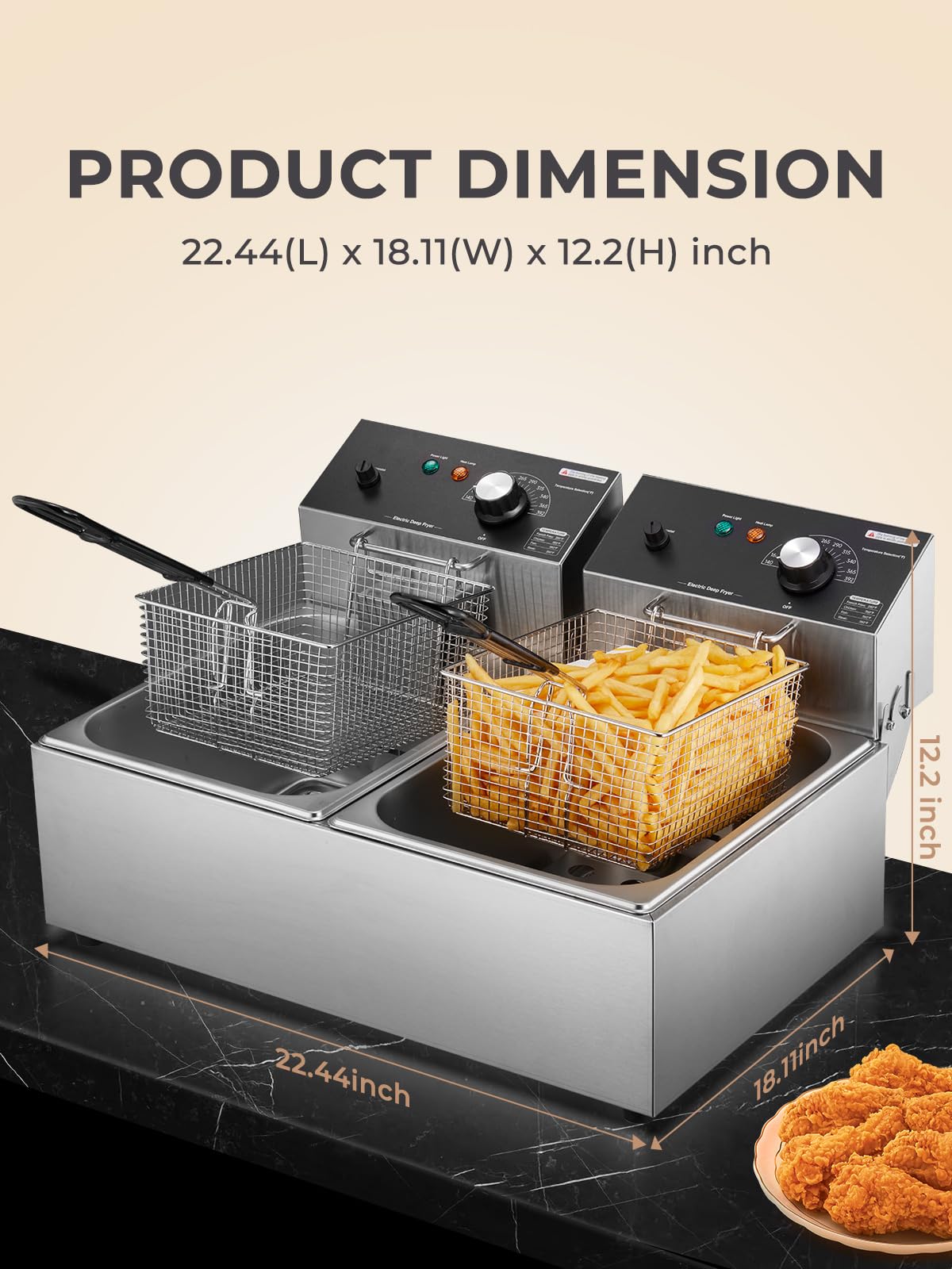 3400W 20.7QT Stainless Steel Electric Deep Fryer with 2 Removable Baskets T380