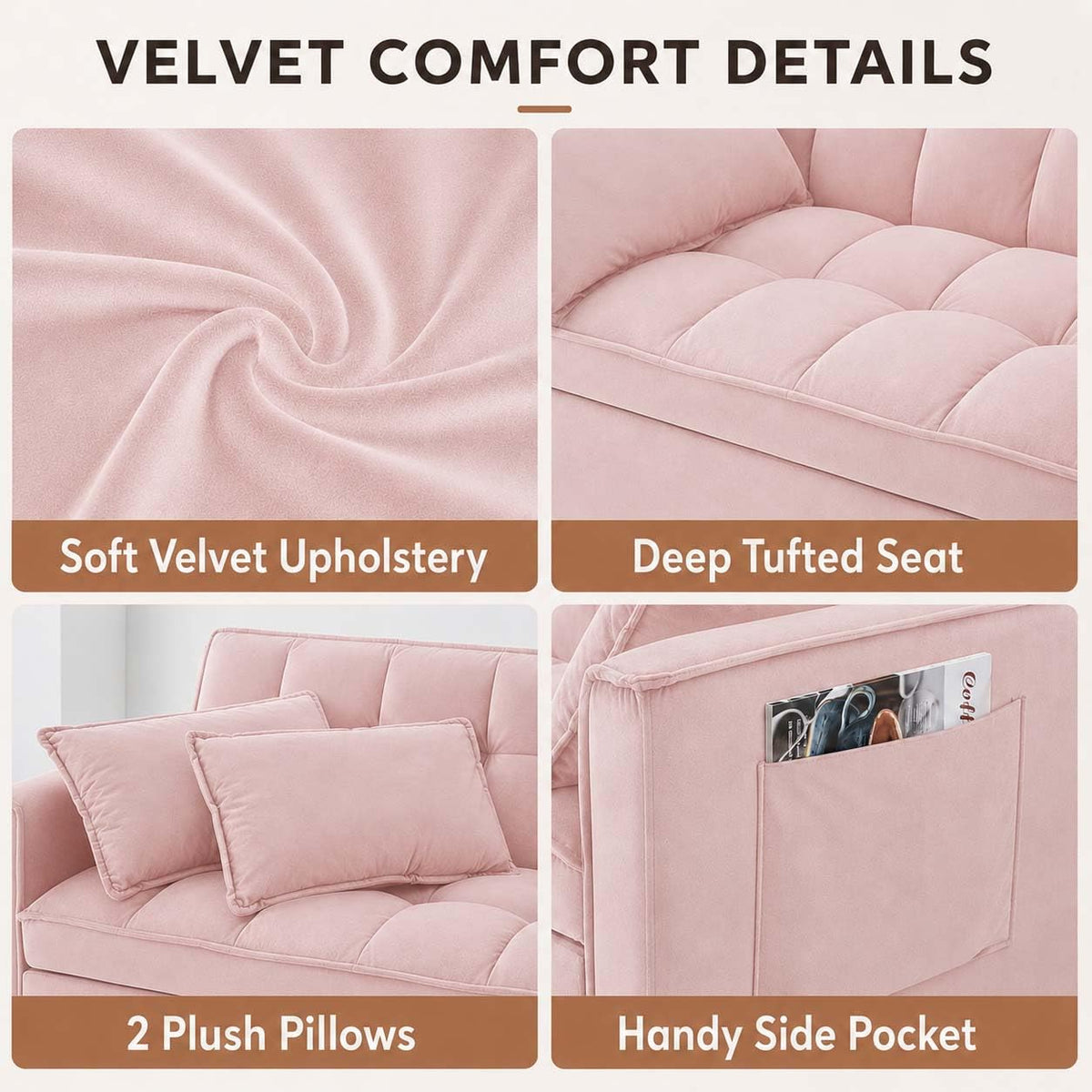 Pink Velvet Convertible Sofa Bed S160785
