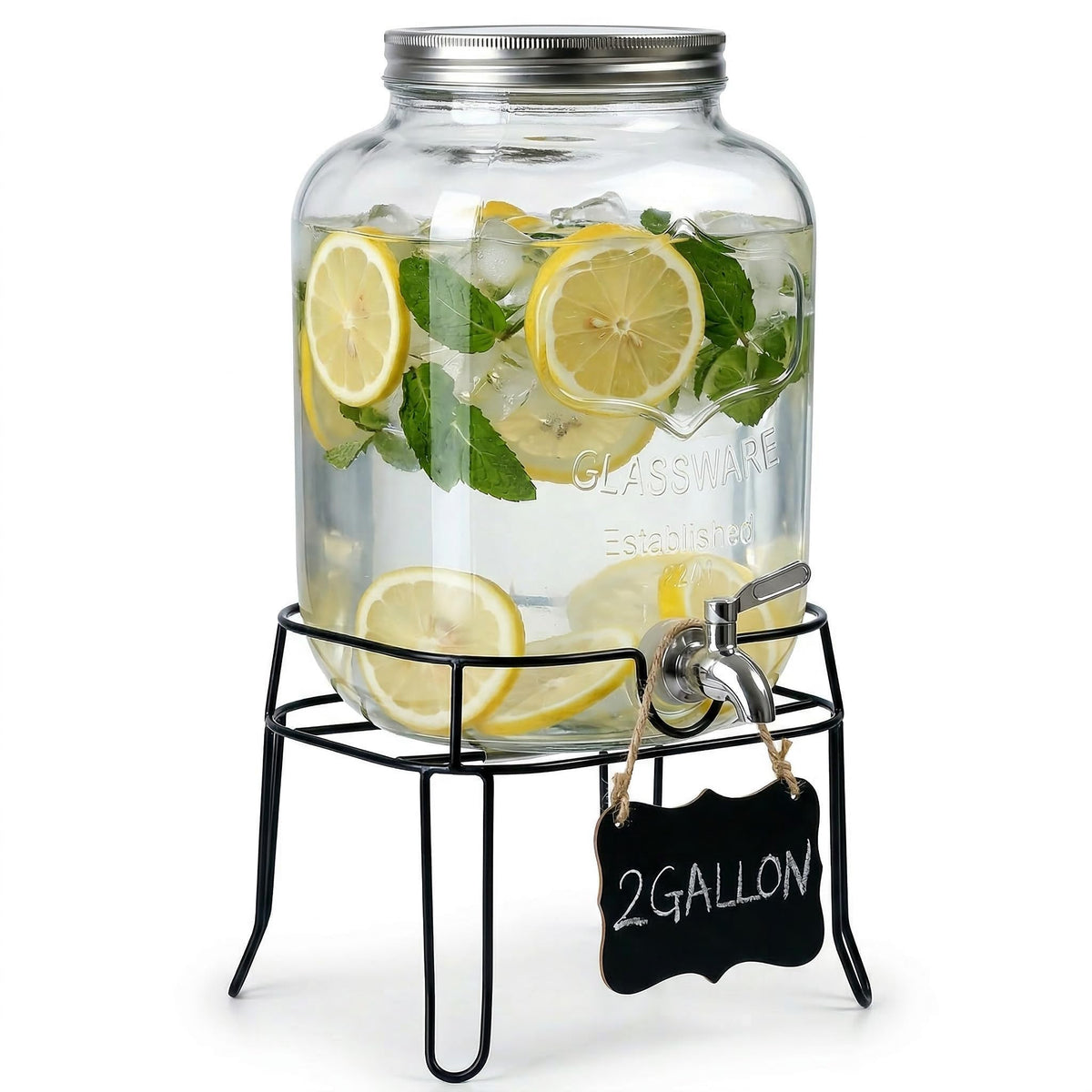 2 Gallon Glass Drink Dispenser with Stand D403
