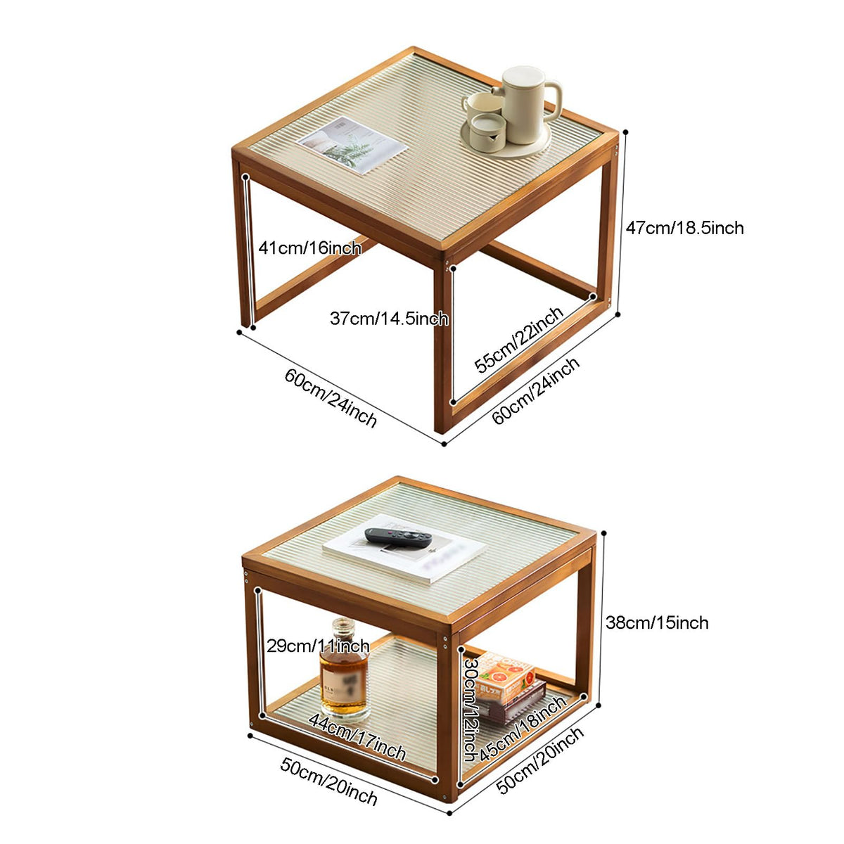 Square Glass Nesting Coffee Tables Set of 2 with Bamboo Frame C127