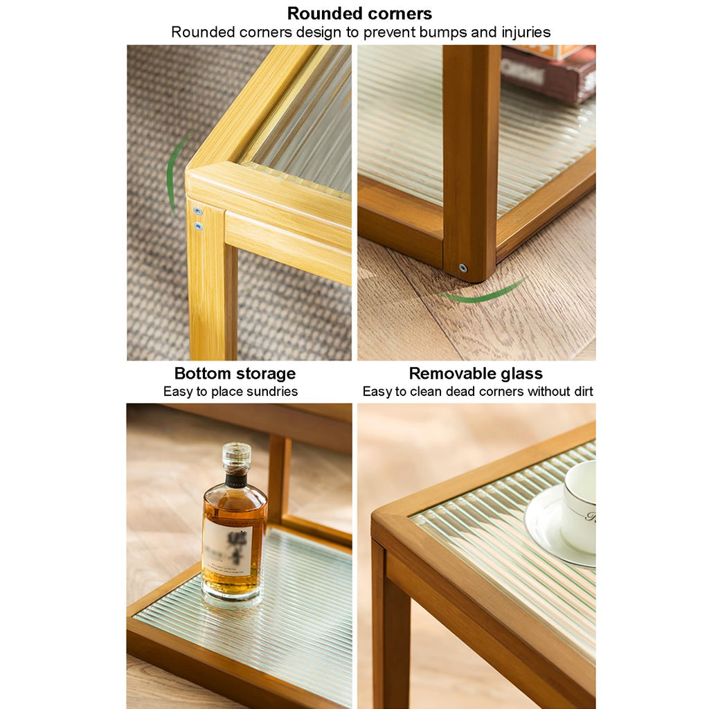 Square Glass Nesting Coffee Tables Set of 2 with Bamboo Frame C127