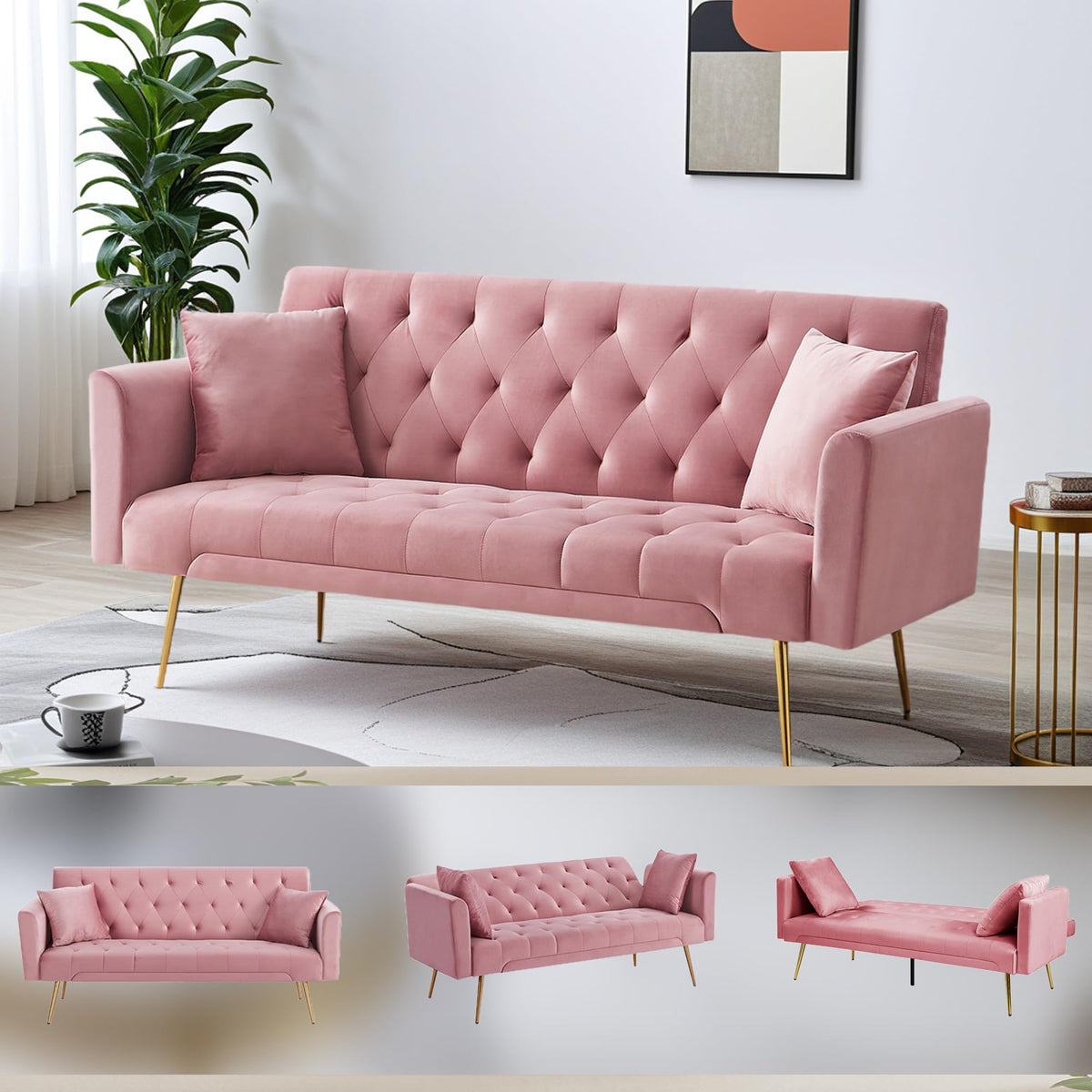 Modern Velvet Sofa Bed Futon with 2 Pillows T25317