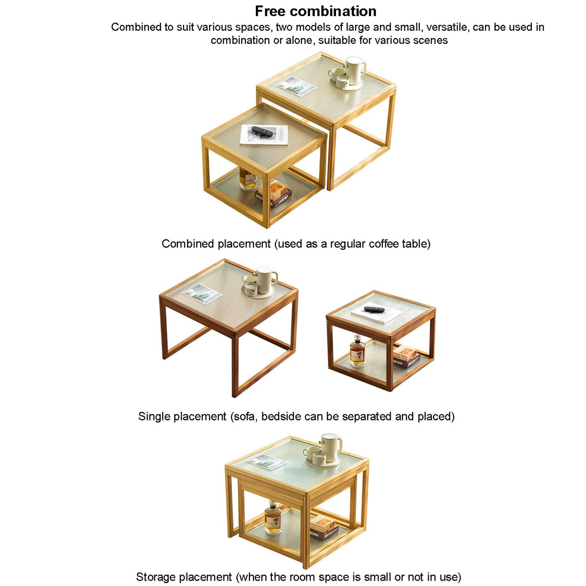 Square Glass Nesting Coffee Tables Set of 2 with Bamboo Frame C127
