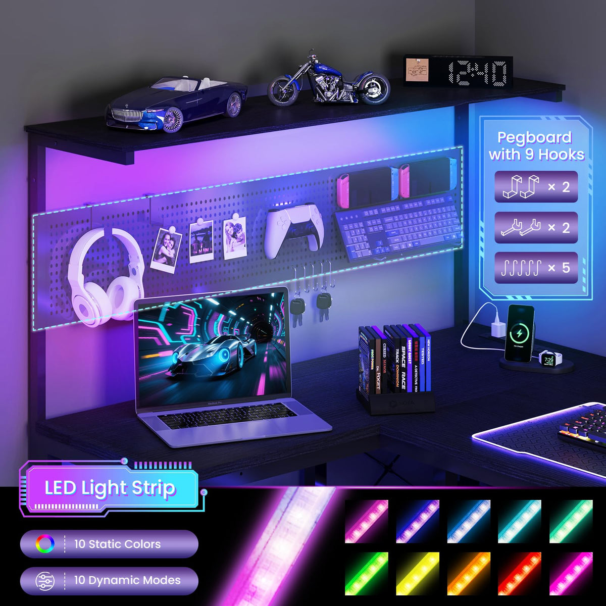 47in Black L Shaped Gaming Desk with Pegboard O585650