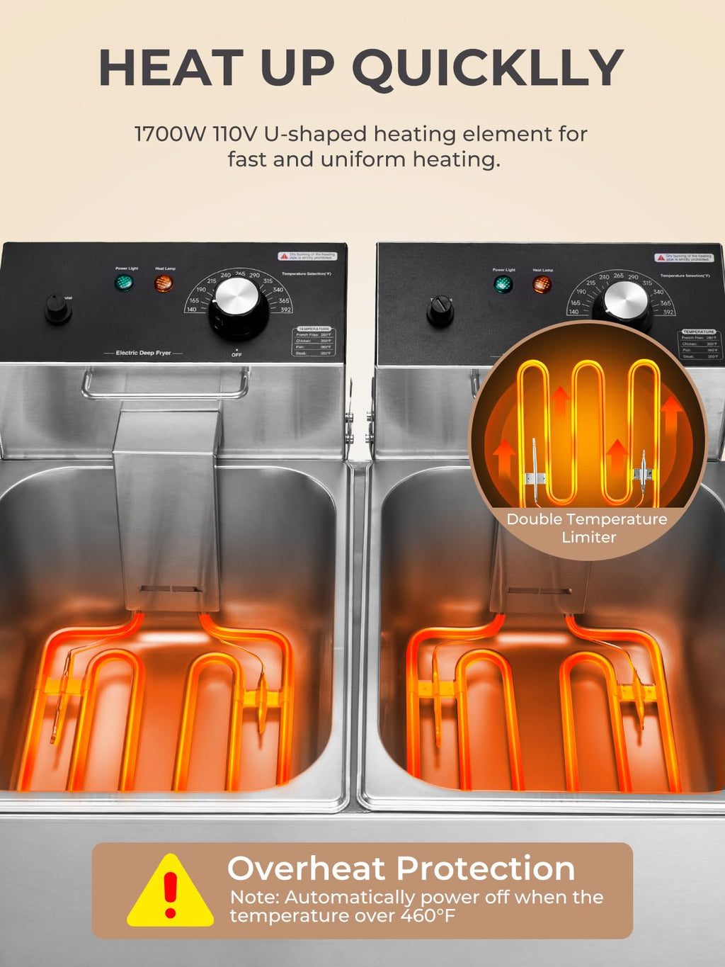 3400W 20.7QT Stainless Steel Electric Deep Fryer with 2 Removable Baskets T380