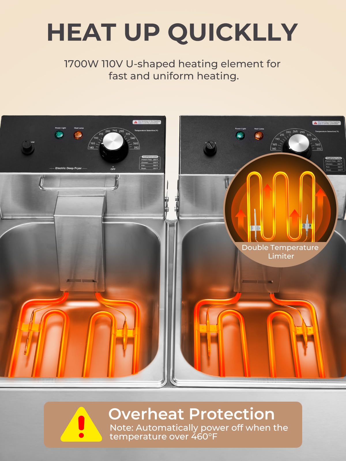 3400W 20.7QT Stainless Steel Electric Deep Fryer with 2 Removable Baskets T380