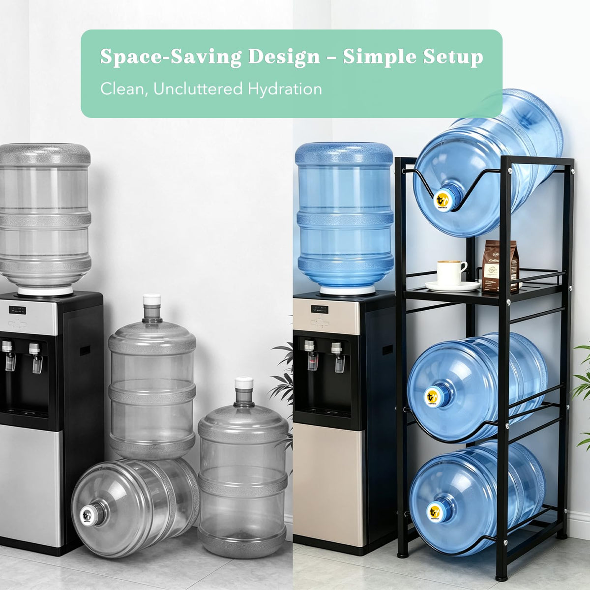 5 Gallon Water Jug Holder with 3-Tier Storage Shelves Black W96371
