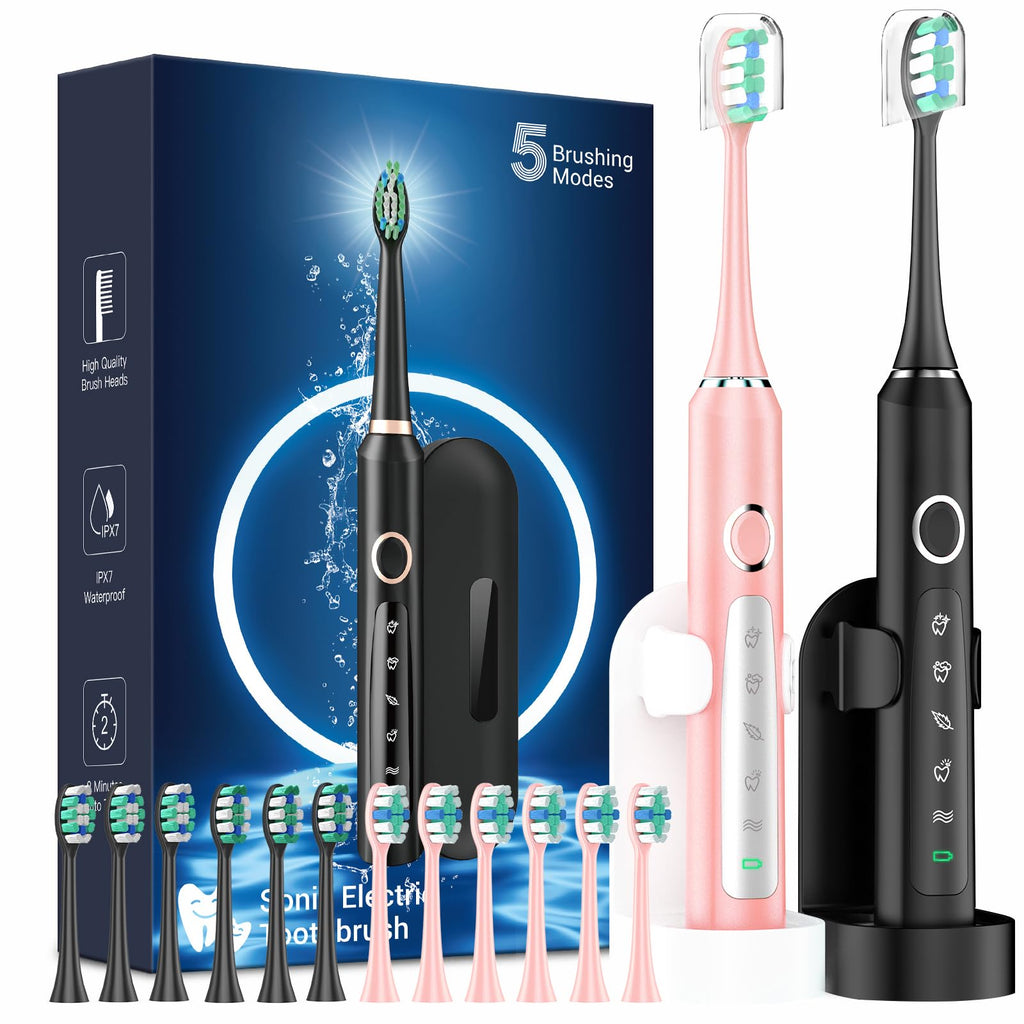 2 Pack Rechargeable Electric Toothbrush with 12 Brush Heads & 2 Travel Case B8222