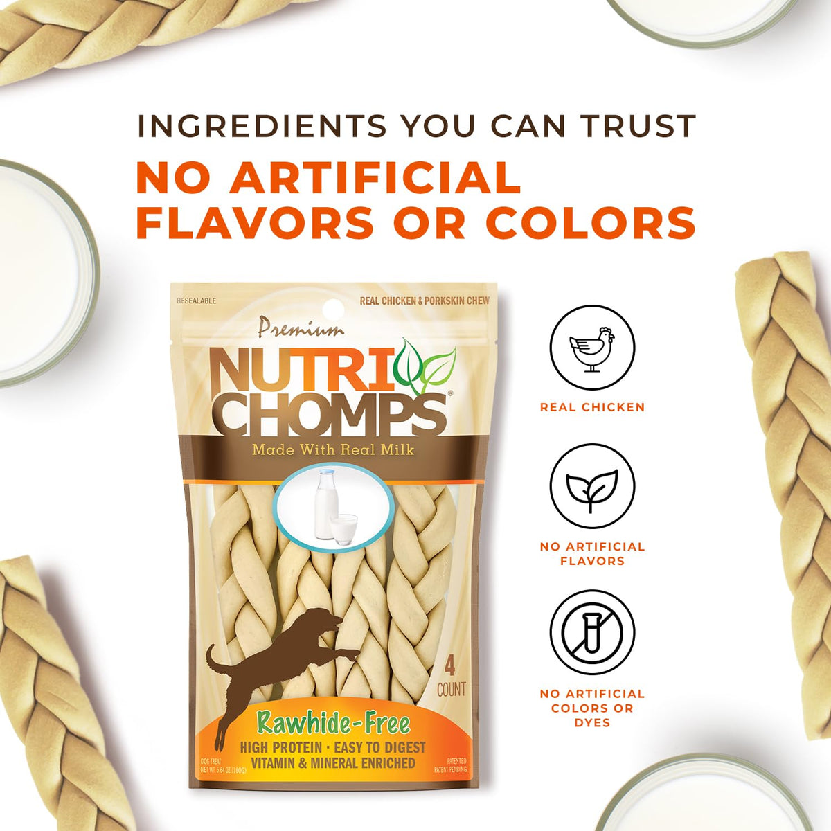 Rawhide Free Dog Chews, Milk Flavor, 6in Braids, 4ct T995794