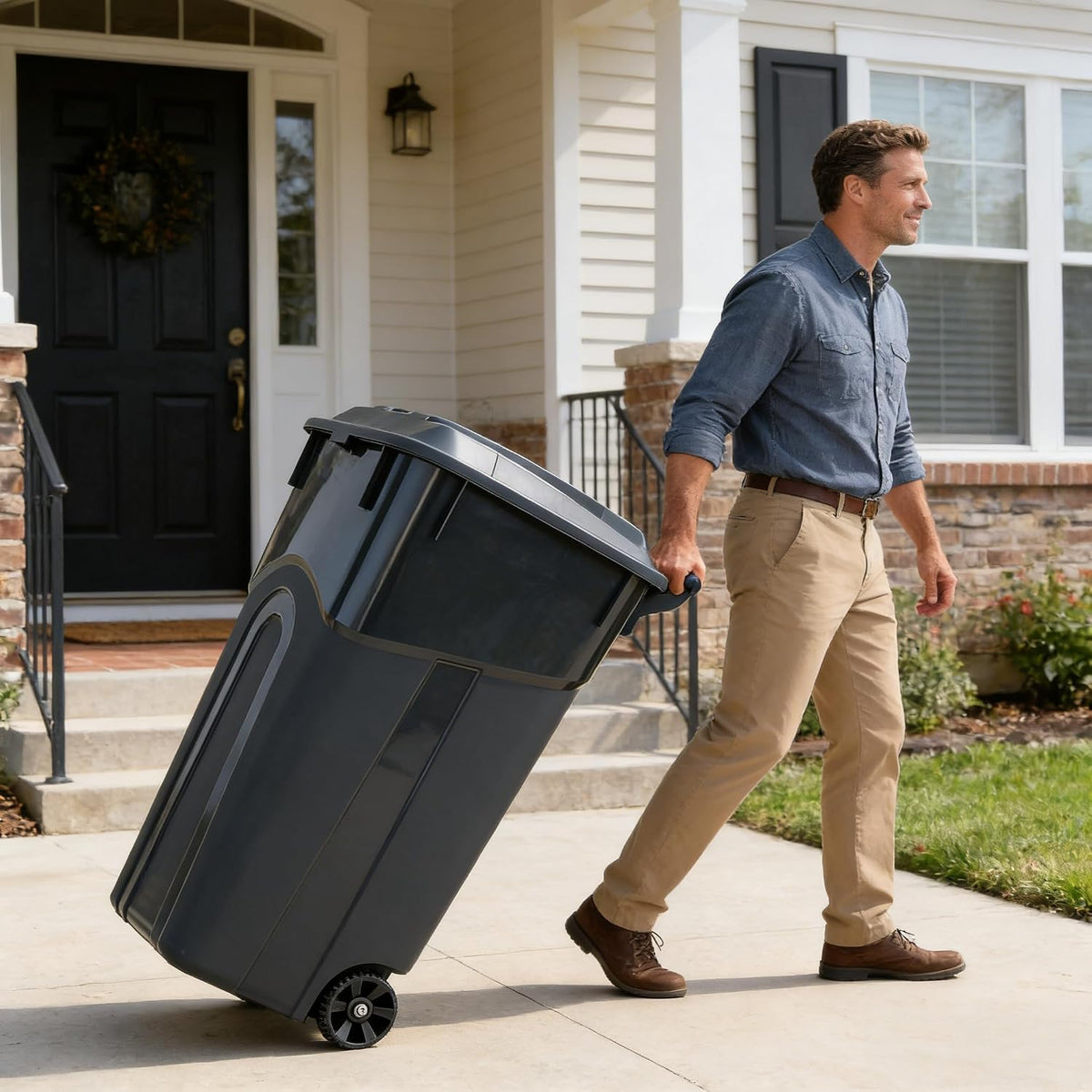 Black 32 Gallon Wheeled Heavy Duty Plastic Trash Can with Attached Lid O4910