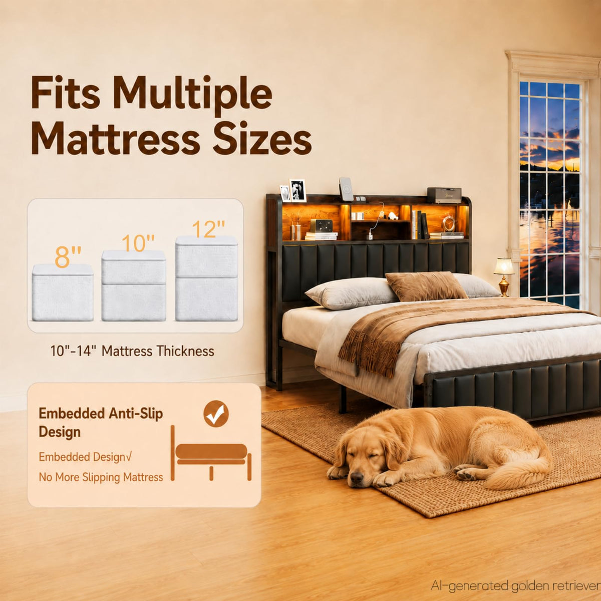 Black Full Size Bed Frame with Storage Headboard F9391