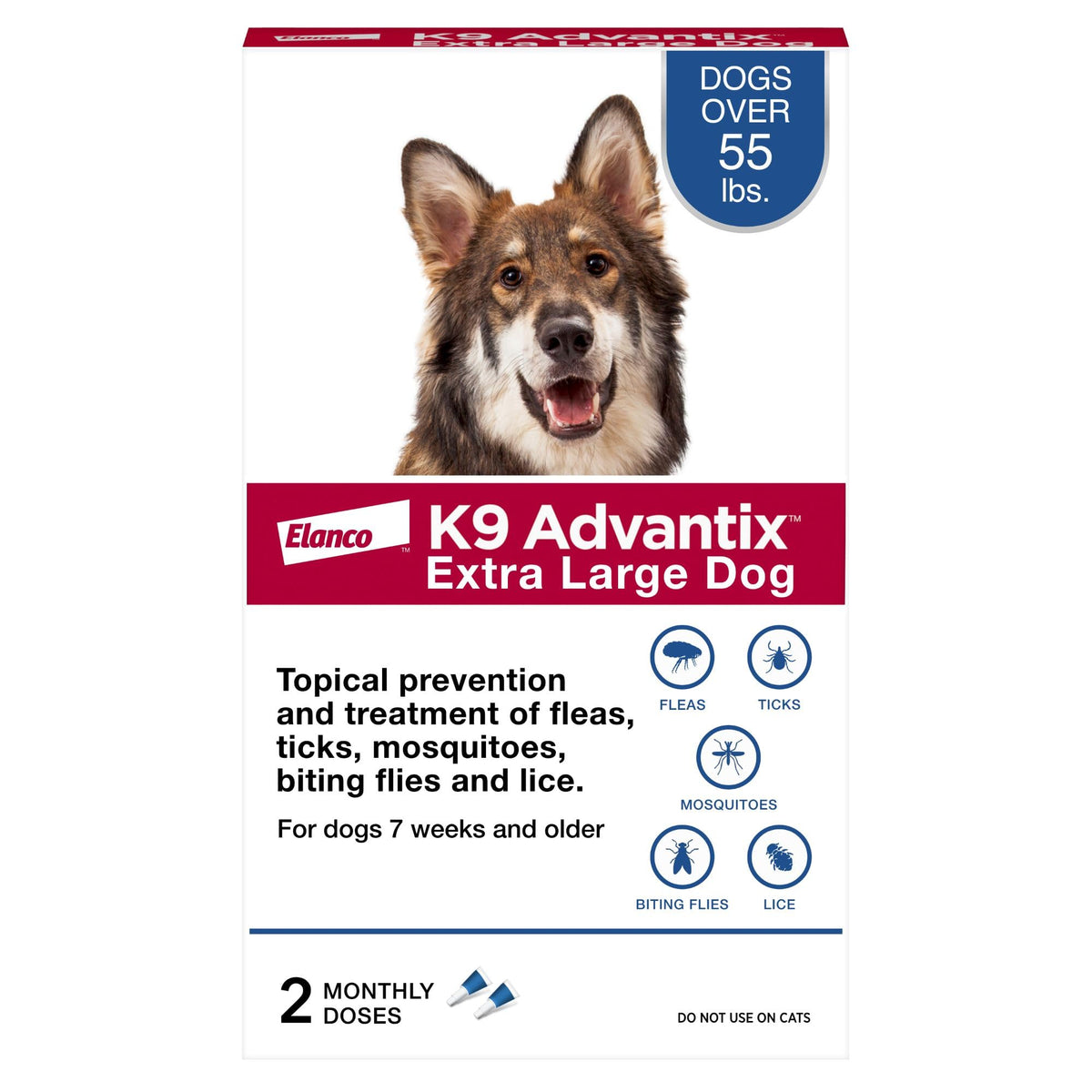 Flea, Tick & Mosquito Prevention for Dogs Over 55 lbs, 2 Treatments Y785