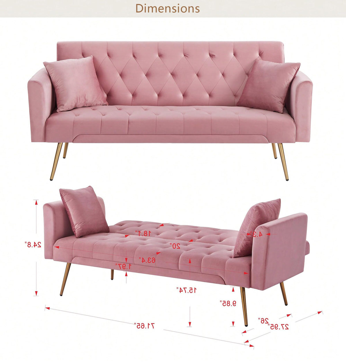 Modern Velvet Sofa Bed Futon with 2 Pillows T25317