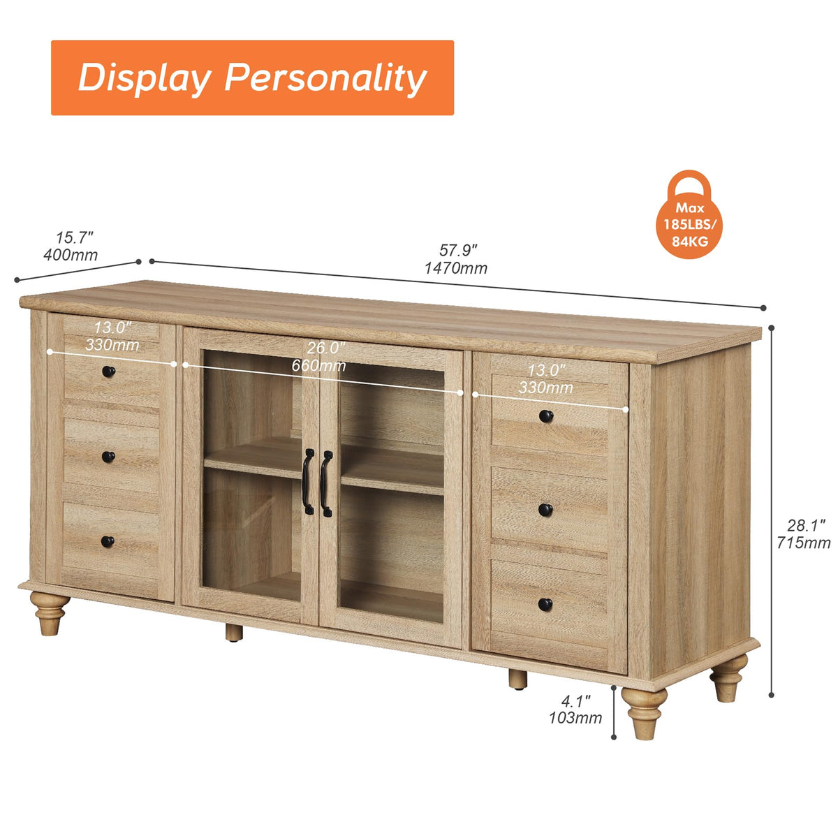 Wood TV Stand for 65 Inch TV with Glass Door O379