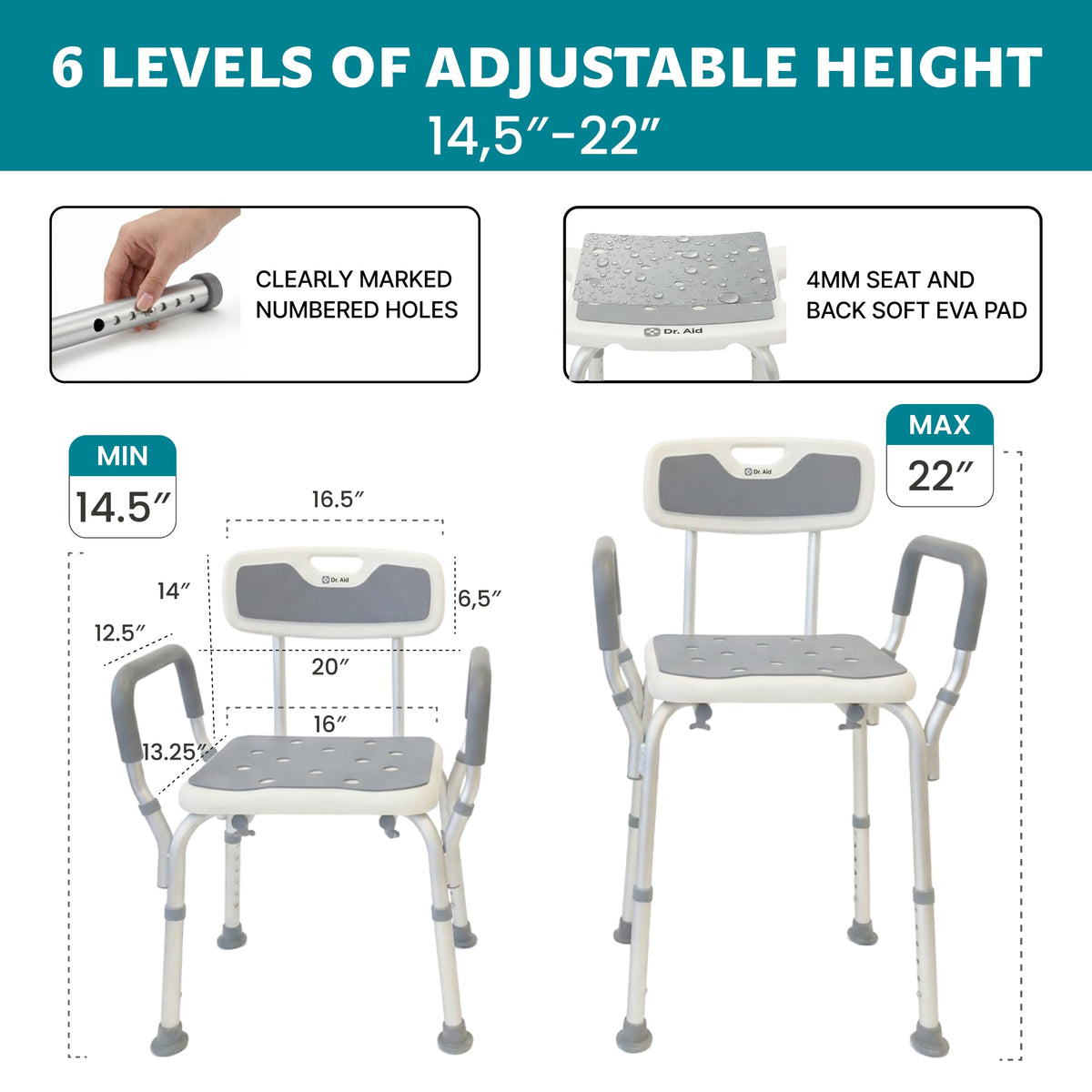 Shower Chair, 6-Height Adjustable, 400 lbs I610182