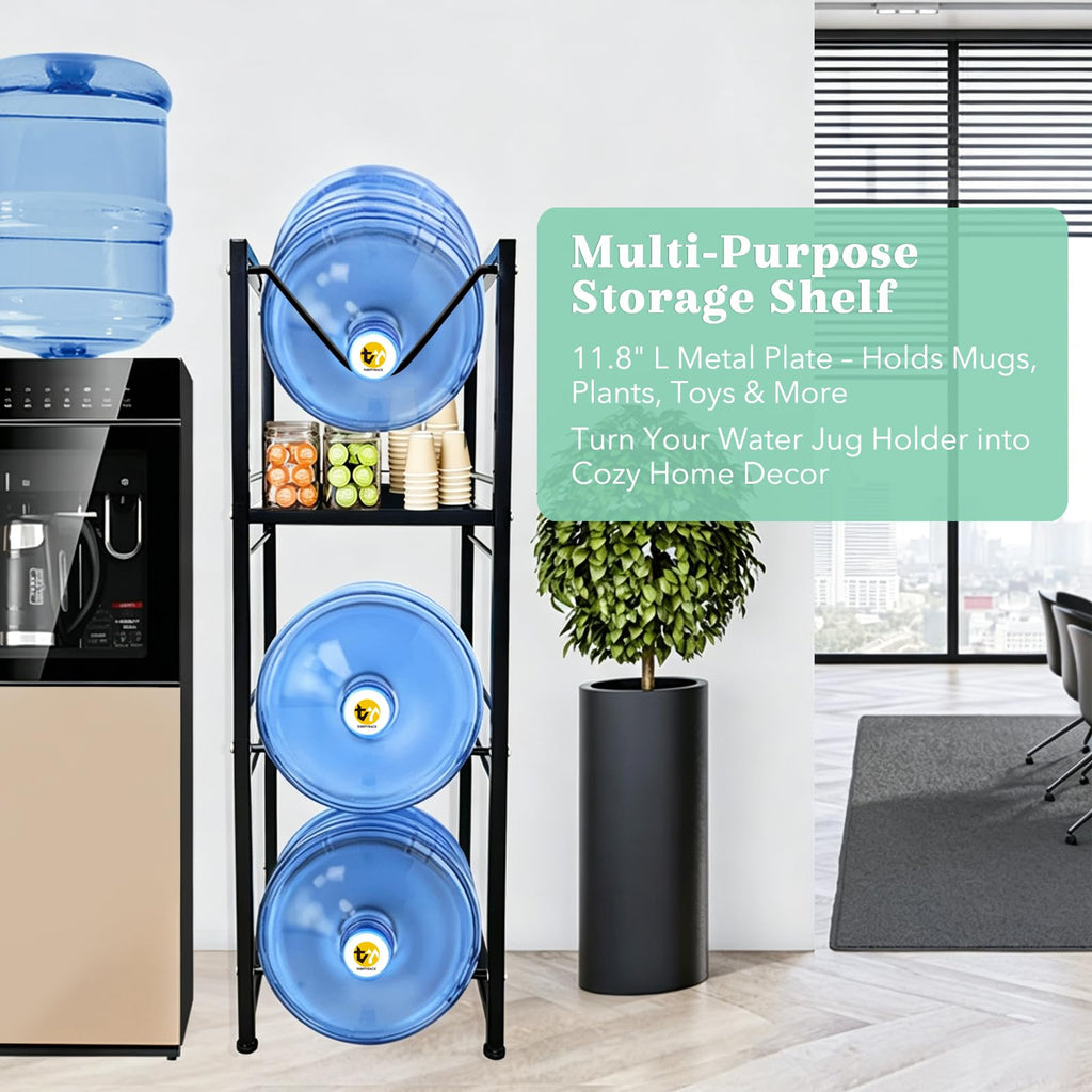 5 Gallon Water Jug Holder with 3-Tier Storage Shelves Black W96371