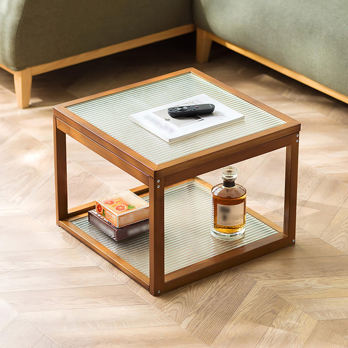 Square Glass Nesting Coffee Tables Set of 2 with Bamboo Frame C127