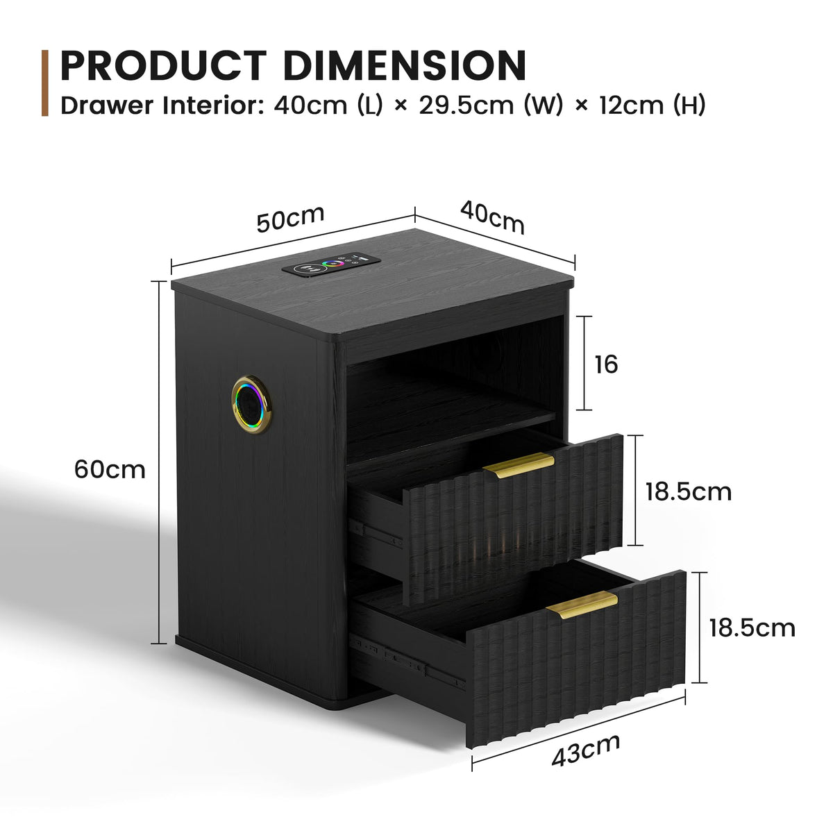 Black Smart Nightstand with Bluetooth Speaker, LED Lights, Wireless Charging, 2 Drawers & Open Shelf S114251