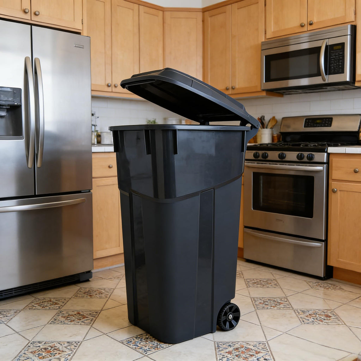 Black 32 Gallon Wheeled Heavy Duty Plastic Trash Can with Attached Lid O4910
