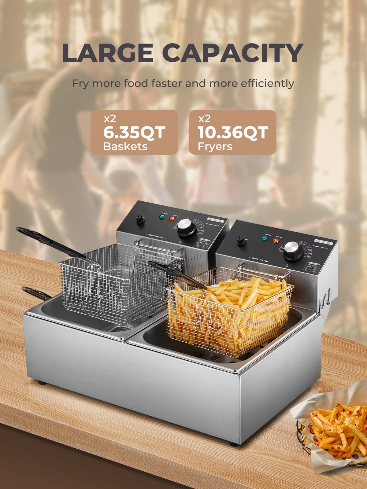 3400W 20.7QT Stainless Steel Electric Deep Fryer with 2 Removable Baskets T380
