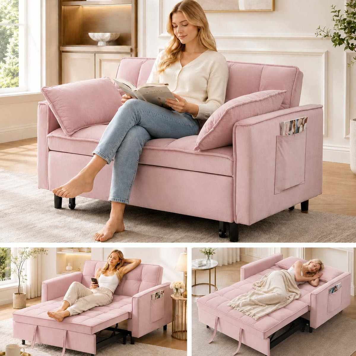 Pink Velvet Convertible Sofa Bed S160785
