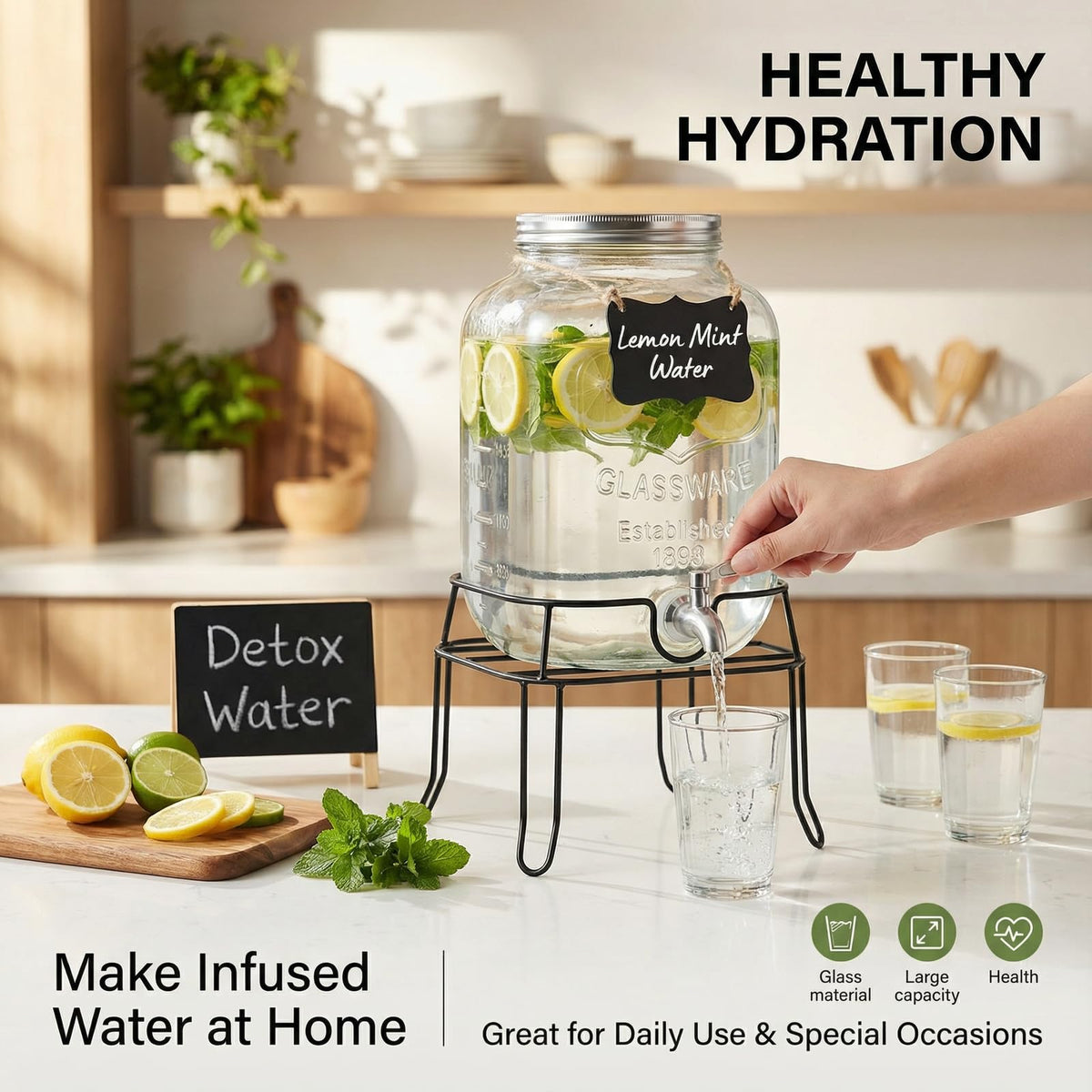 2 Gallon Glass Drink Dispenser with Stand D403