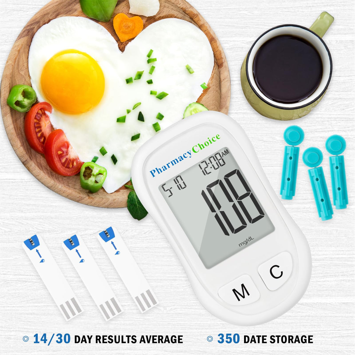 Blood Glucose Monitor Kit, 100 Strips, Meter, Lancing Device A396223