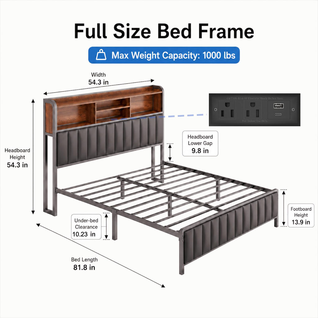 Black Full Size Bed Frame with Storage Headboard F9391
