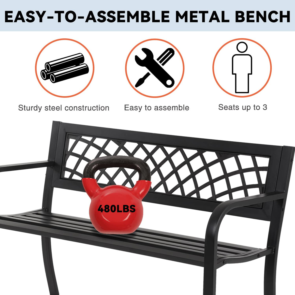 4 Feet Heavy-Duty Metal Patio Bench with Backrest Armrests R618